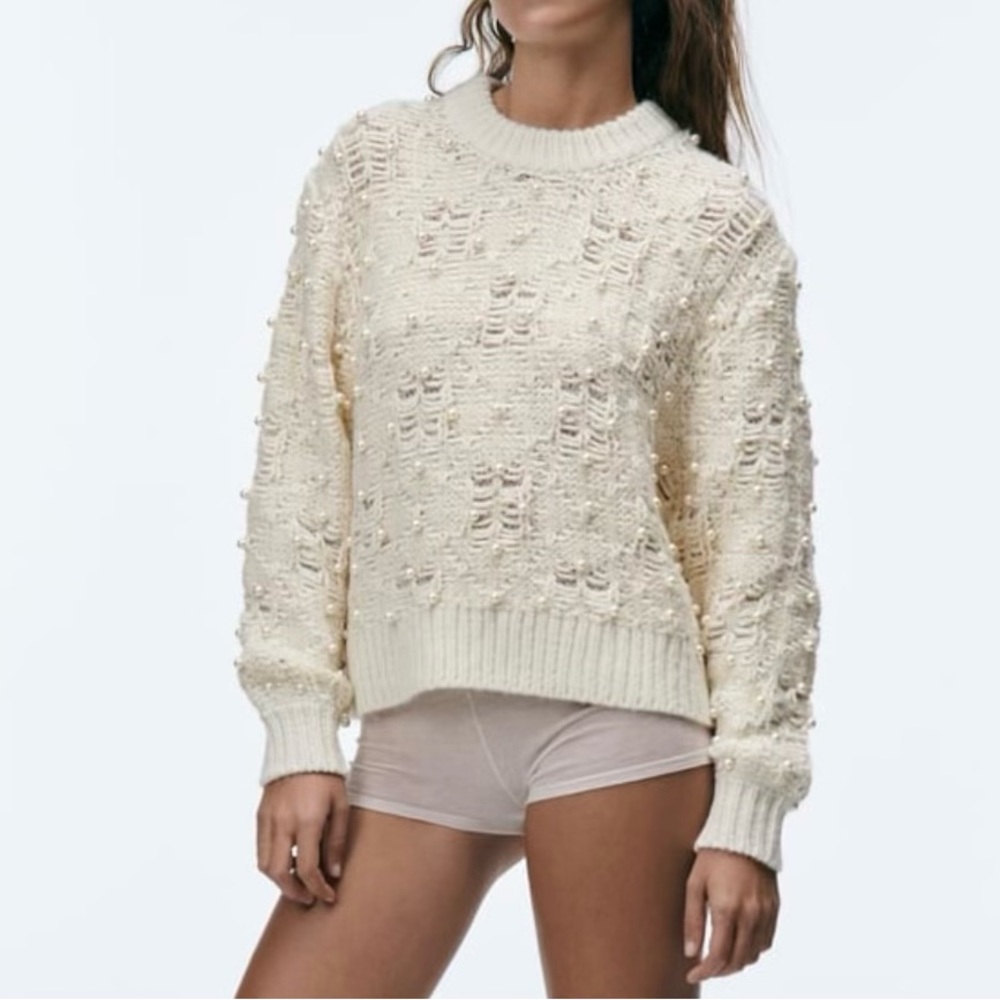 Zara PEARL TEXTURED KNIT SWEATER